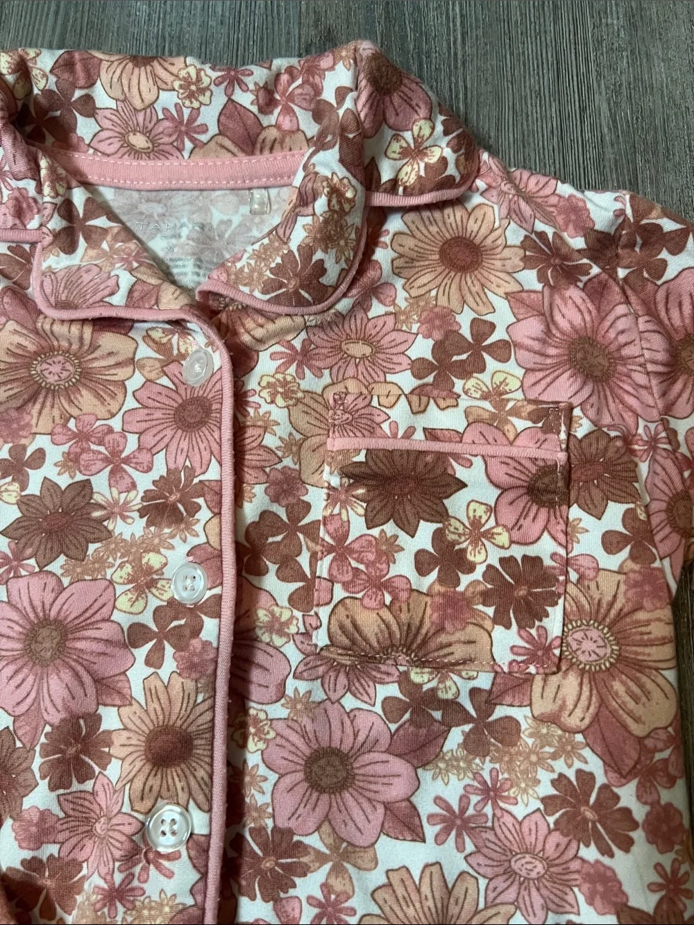 Girls' Floral Pink Button-Front Pajama Set with Scrunchie- Size 2T